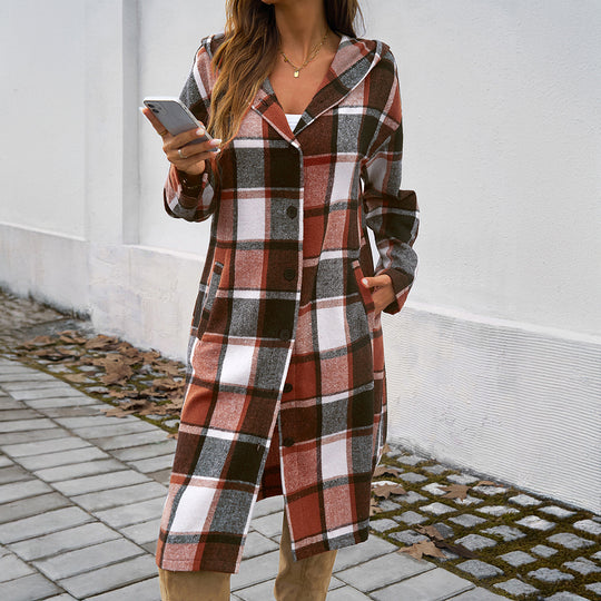 Damen nan lockeres Kapuzen-Hemdkleid mit karierter Flanelloptik, durchgehender Knopfleiste und hohem Beinschlitz EB