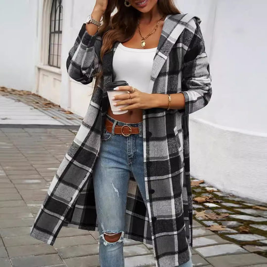 Damen Karomuster Longjacke mit Kapuze EB