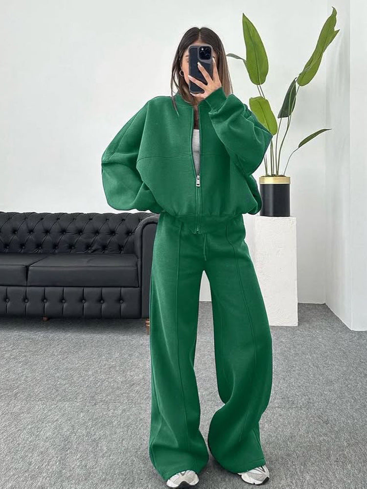 Damen nan Oversize Reißverschlussjacke mit weiter High-Waist Loungehose Set EB