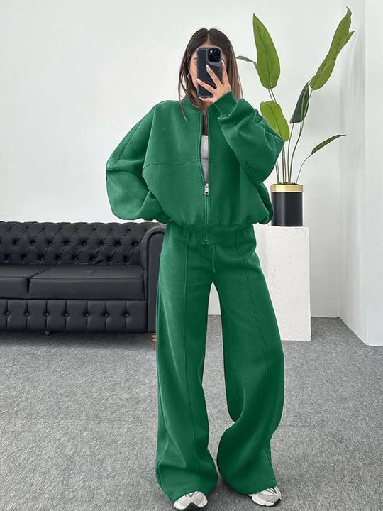 Damen nan Oversize Reißverschlussjacke mit weiter High-Waist Loungehose Set EB