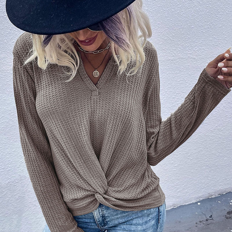 Damen lässiger V-Ausschnitt Pullover mit Knopfdetails und Knotendesign EB