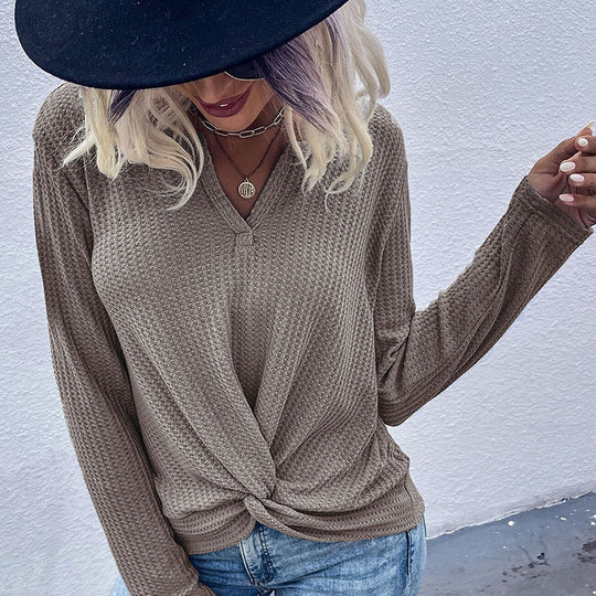 Damen lässiger V-Ausschnitt Pullover mit Knopfdetails und Knotendesign EB