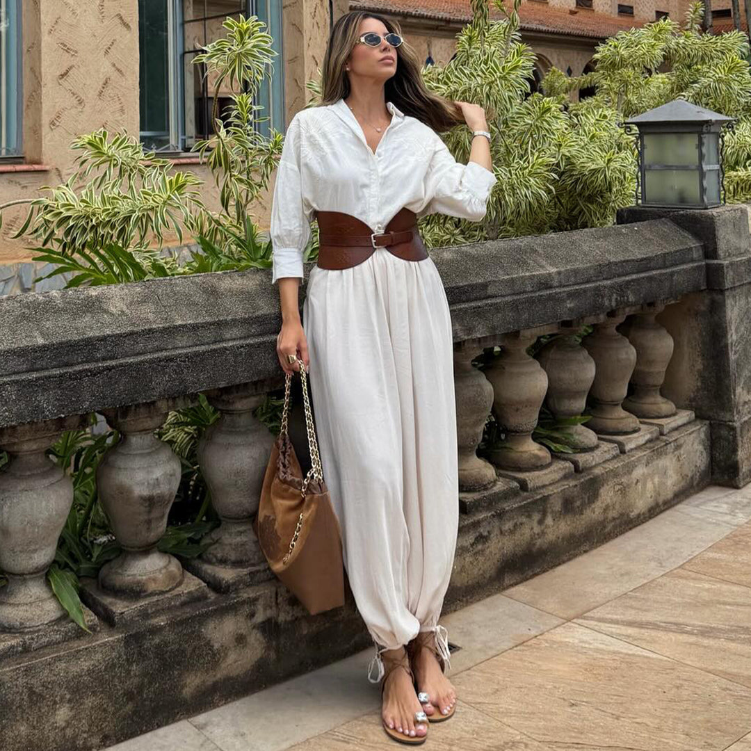 Damen voluminöser Jumpsuit mit eleganter Knopfbluse und Taillengürtel EB