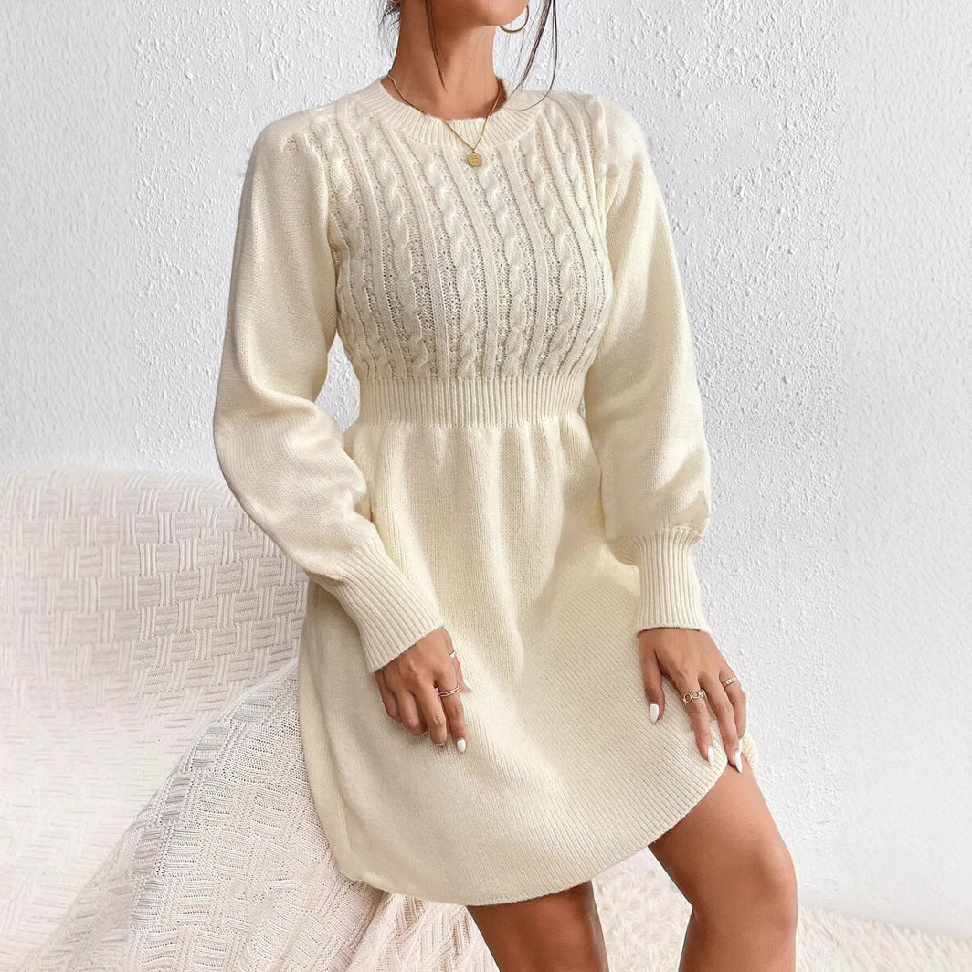 Damen Strickkleid mit voluminösen Ärmeln und strukturiertem Oberteil EB