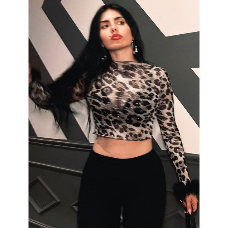 Damen Crop-Top mit Fluff-Ärmeln und Leopardenmuster EB