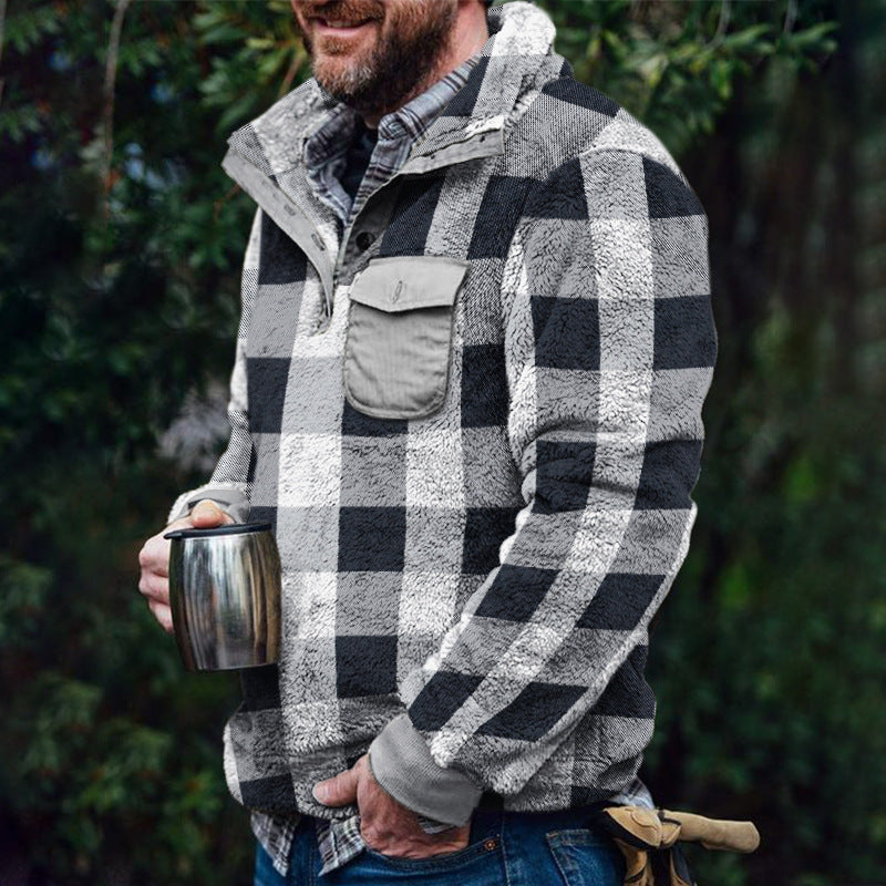 Herren Fleece-Pullover mit Karomuster und Hohem Kragen EB