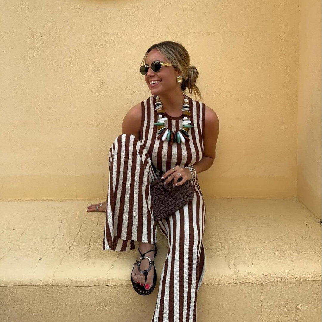Damen lässiger Jumpsuit mit gestreiftem Design und hohem Bund EB