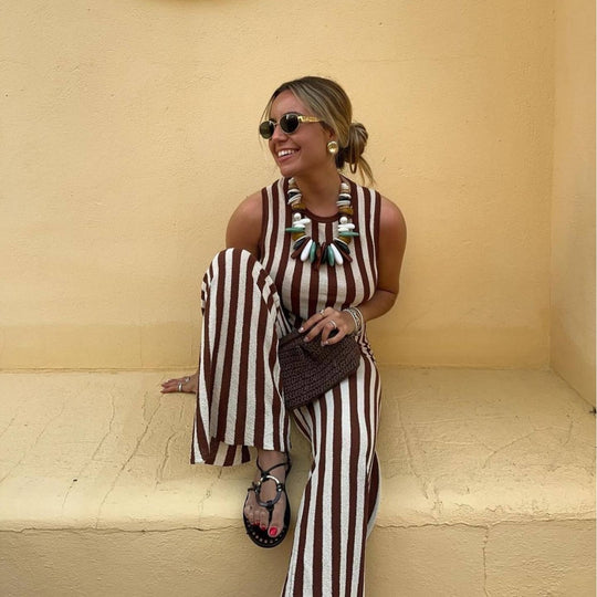 Damen lässiger Jumpsuit mit gestreiftem Design und hohem Bund EB
