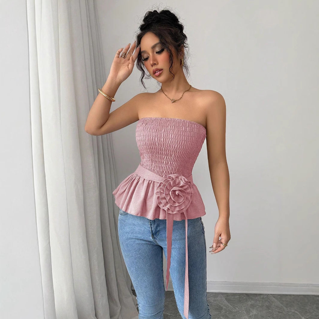 Damen nan figurbetontes trägerloses Smok-Oberteil mit Volant-Peplum und dekorativer Stoffblume EB