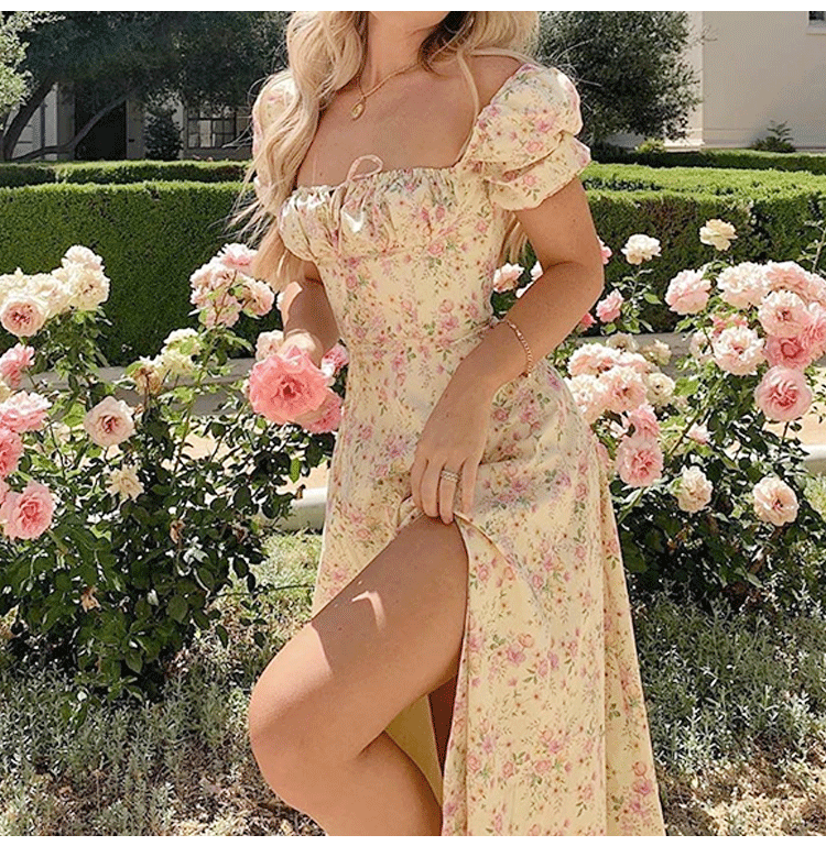 Damen romantisches Maxi-Kleid mit elastischen Puffärmeln und zartem Blumendruck EB