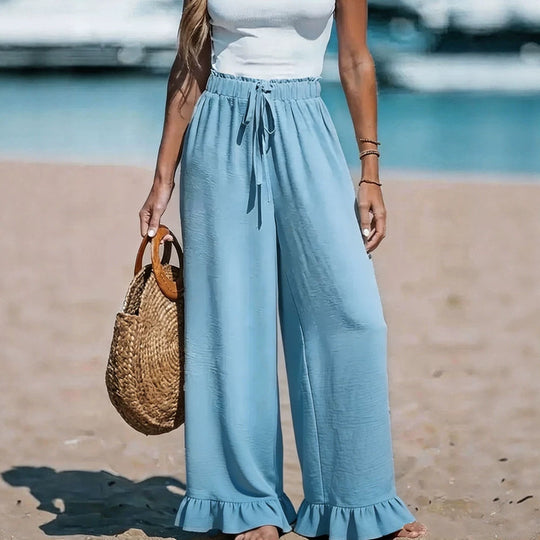 Damen Leichte Leinenhose mit weitem Bein und elastischem Bund EB