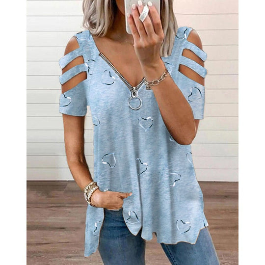 Damen V-Ausschnitt T-Shirt mit Cut-Outs und Herzdesign EB