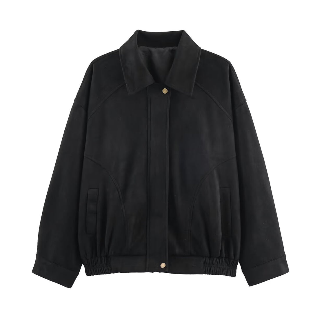 Damen nan oversized Velours-Bomberjacke mit Hemdkragen, verdeckter Druckknopfleiste und elastischem Saum EB