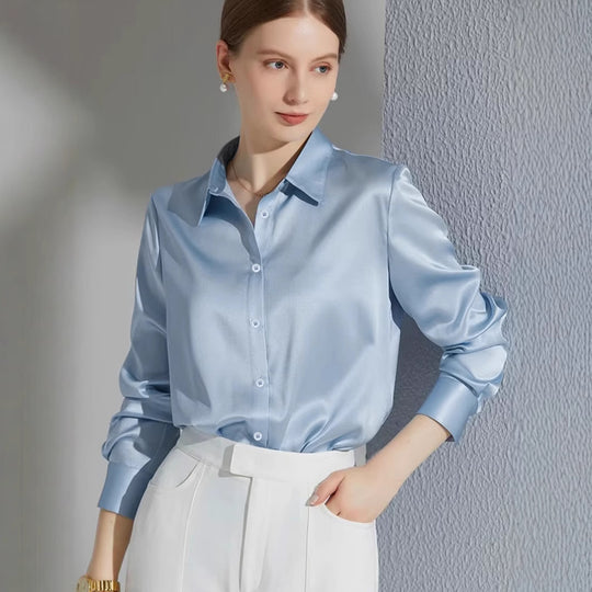 Damen Luxus Satin-Bluse mit elegantem Kragen und weichen Ärmeln EB
