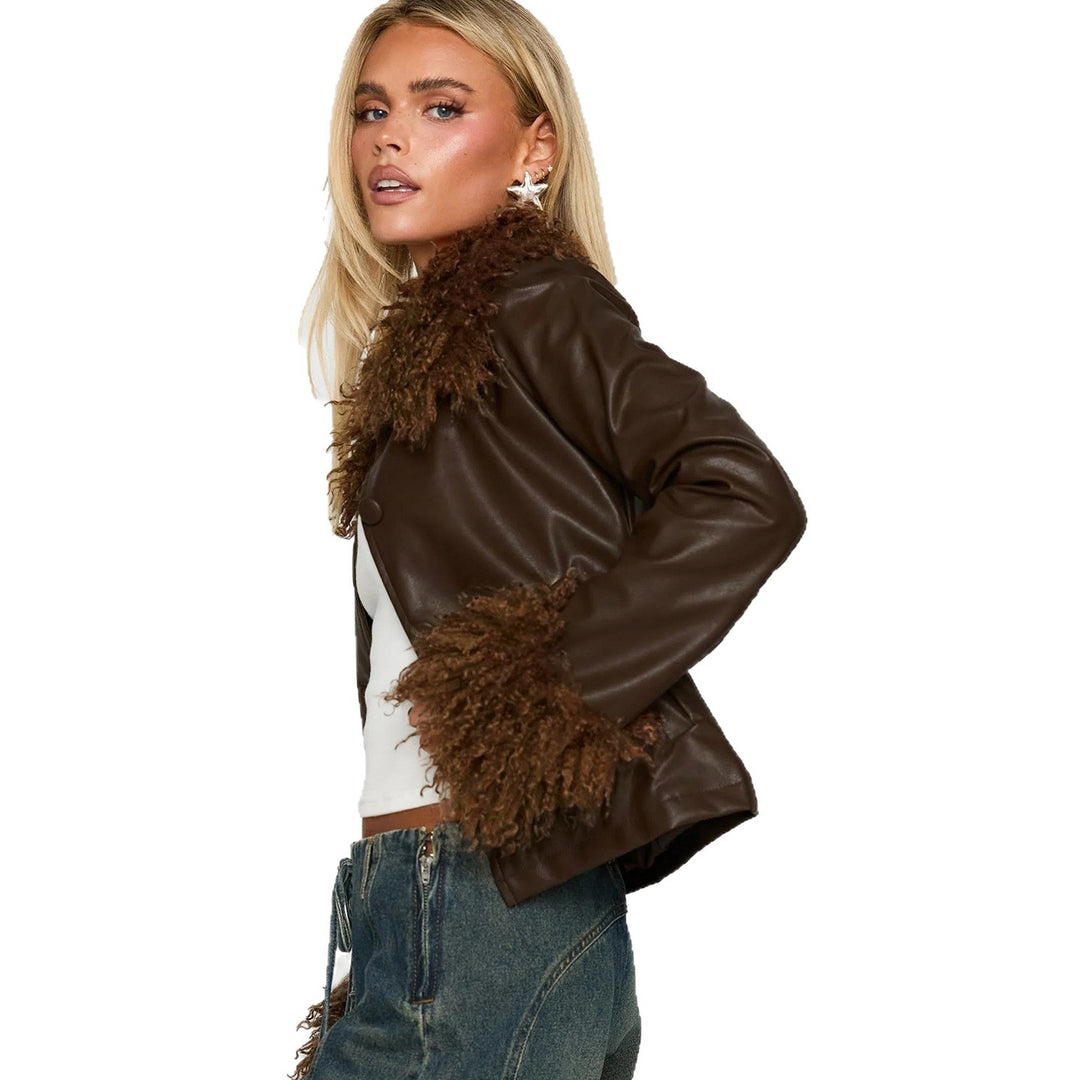 Damen nan kurze Kunstlederjacke mit voluminösem Fellkragen und Fellmanschetten EB