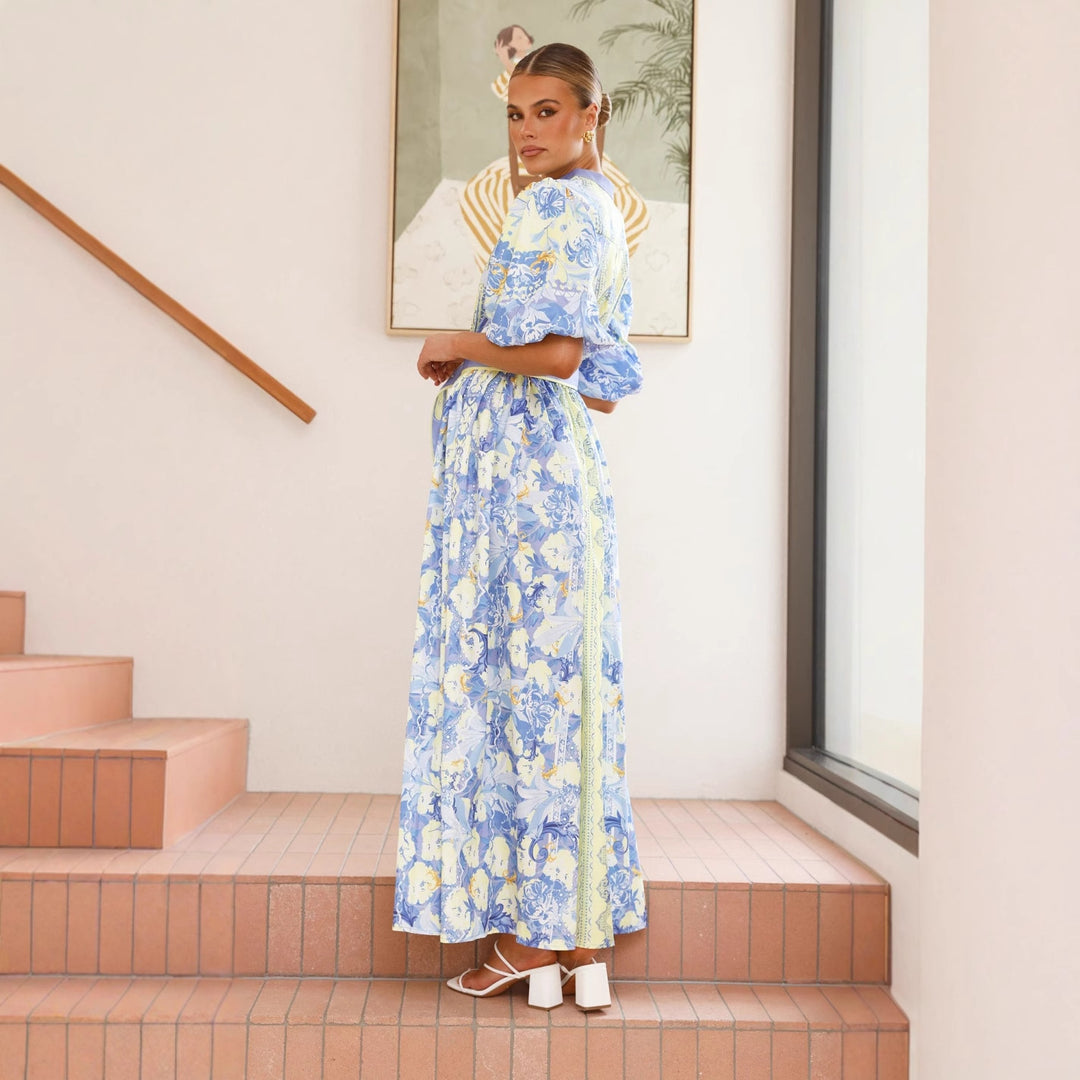 Damen Maxikleid mit floralem Knopfleisten-Design und tailliertem Gürtel EB