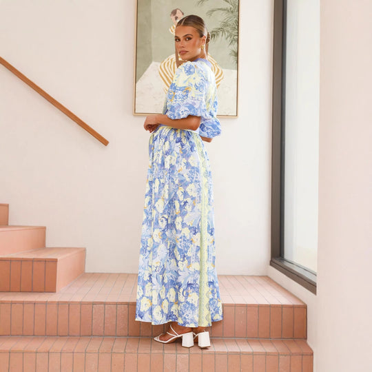 Damen Maxikleid mit floralem Knopfleisten-Design und tailliertem Gürtel EB