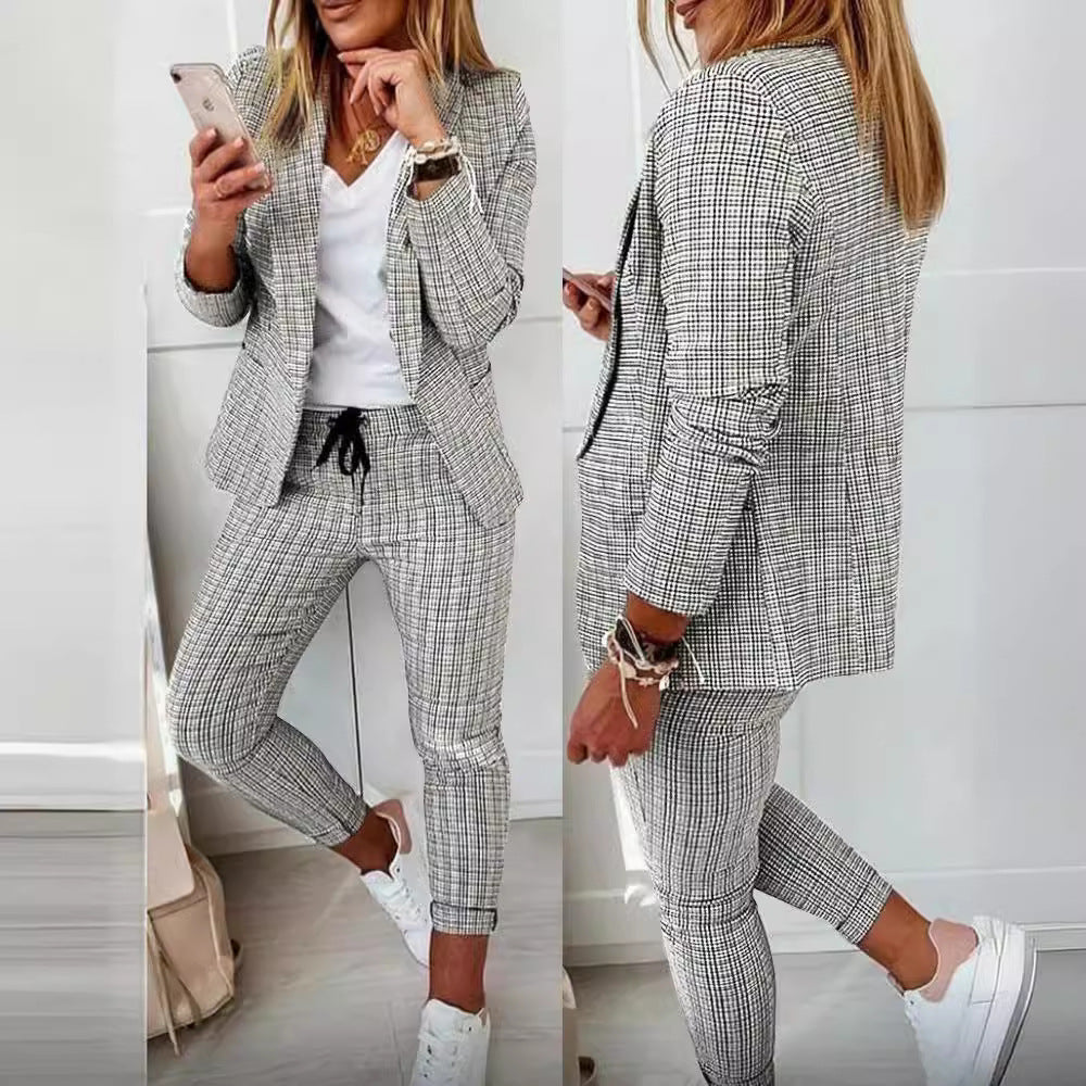 Damen nan zweiteiliges Karomuster Business-Casual Blazer-Set mit elastischer Bundhose EB