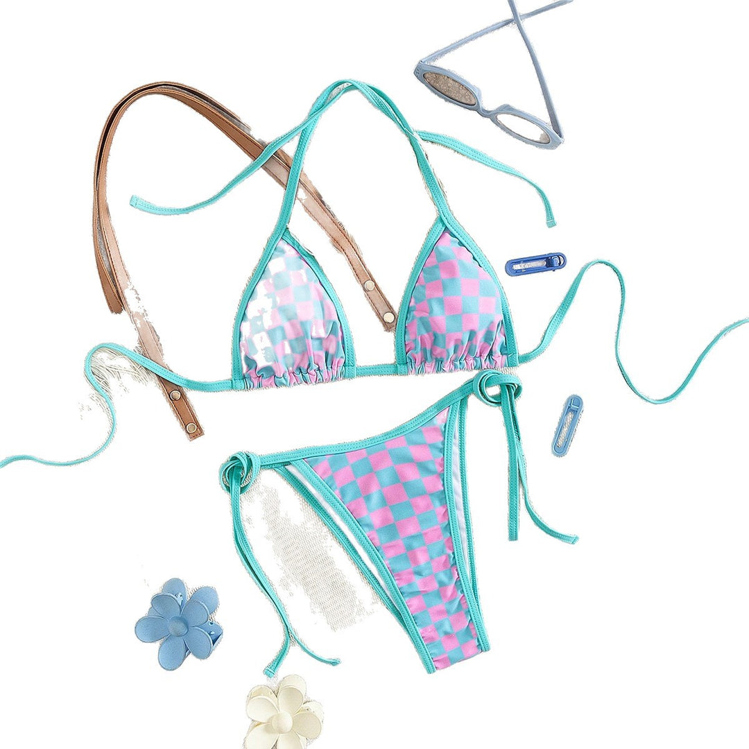 Damen Triangel-Bikini mit Karomuster und raffinierten Bindebändern EB
