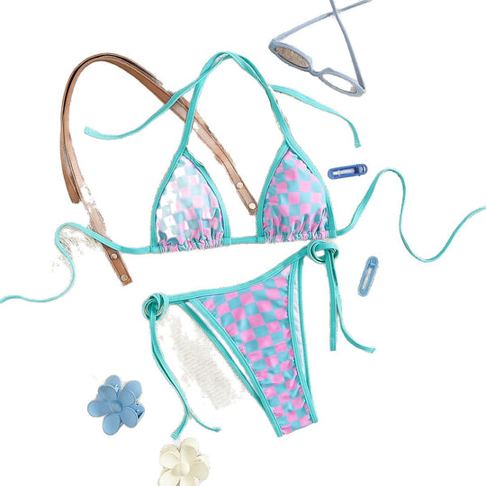 Damen Triangel-Bikini mit Karomuster und raffinierten Bindebändern EB
