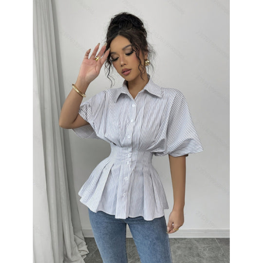 Damen taillierte Bluse mit Puffärmeln und Streifenmuster EB