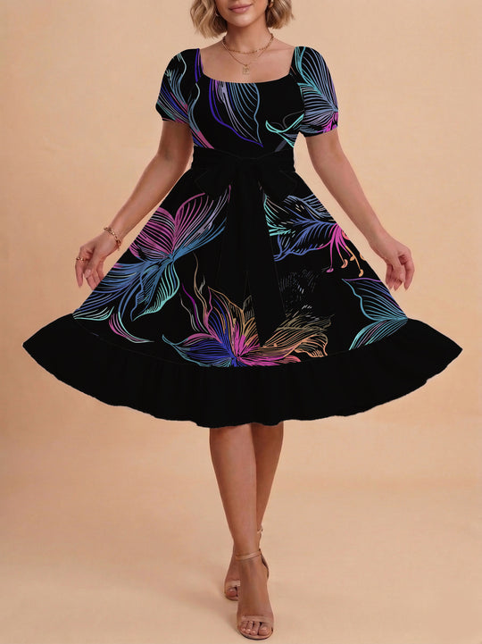 Damen modernes Blumenkleid mit elegantem Taillengürtel und asymmetrischem Saum EB