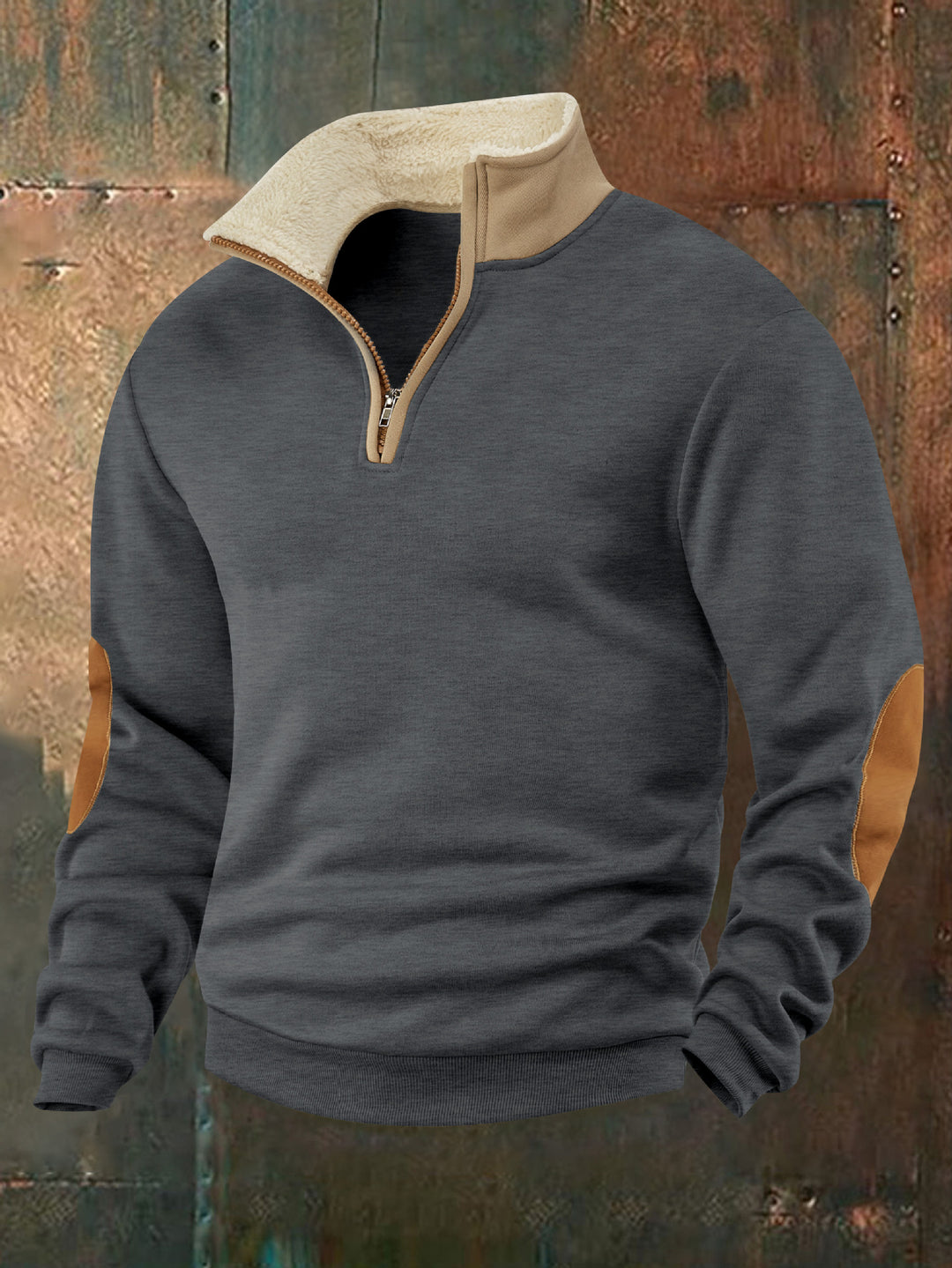 Herren nan Sherpa-gefütterter Halbzip-Pullover mit Stehkragen und Leder-Ellenbogenpatches EB