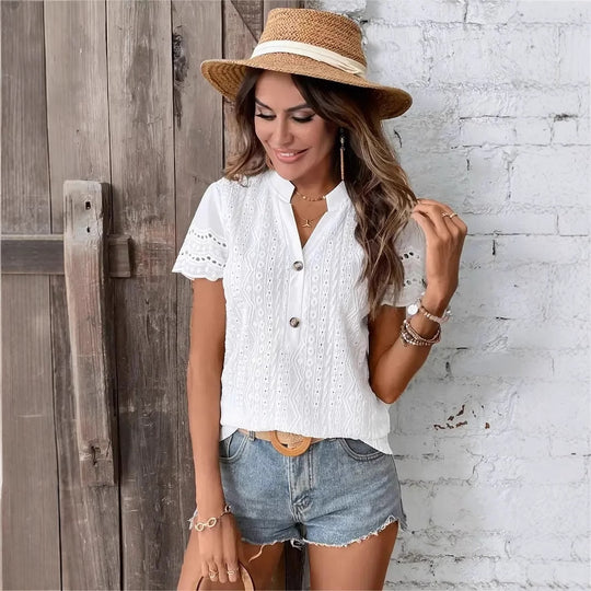 Damen elegantes Kurzarm-Bluse mit feiner Stickerei EB