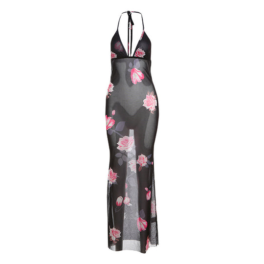 Damen Maxi Strandkleid mit floralem Mesh-Design und tiefem V-Ausschnitt EB