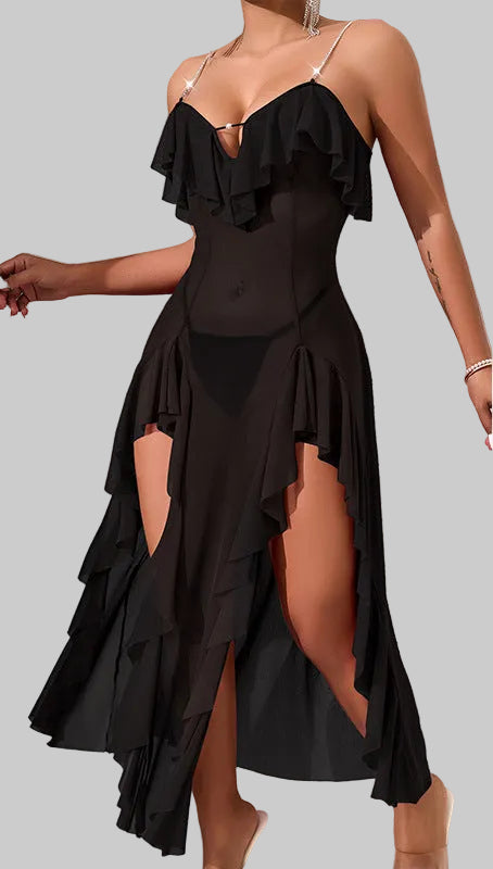 Damen Maxi-Kleid mit voluminösen Rüschendetails und seitlichem Schlitz EB