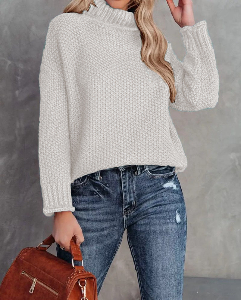 Damen kuscheliger Strickpullover mit hohem Kragen und luftiger Struktur EB
