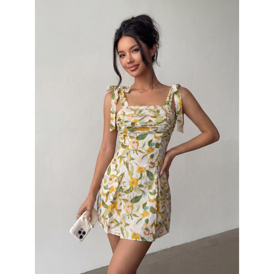 Damen Minikleid mit ärmellosen Bindeschultern und floralem Design EB