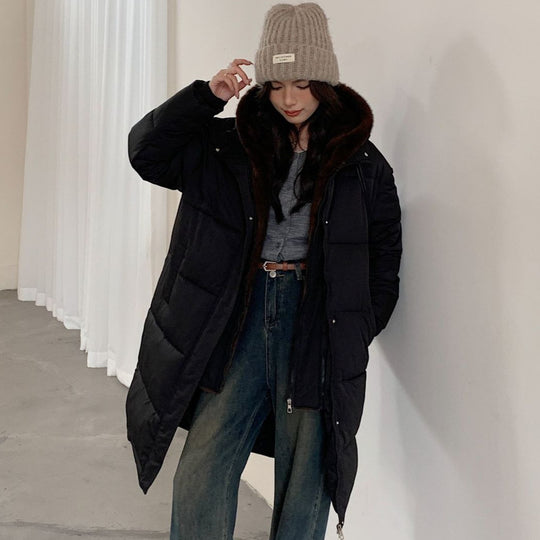 Damen Eleganter gefütterter Winterparka mit Plüschkragen und praktischen Taschen EB