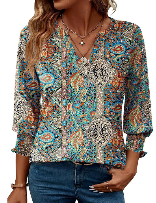 Damen modische Bluse mit verspieltem Paisleymuster und Rüschendetails EB