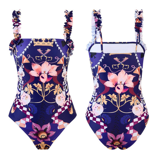 Damen Einteiler Badeanzug mit verspieltem Blumendesign und passendem Strandrock EB