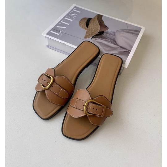 Damen modische Zehentrenner-Sandalen mit luxuriösem Schnallenakzent und bequemem Fußbett EB