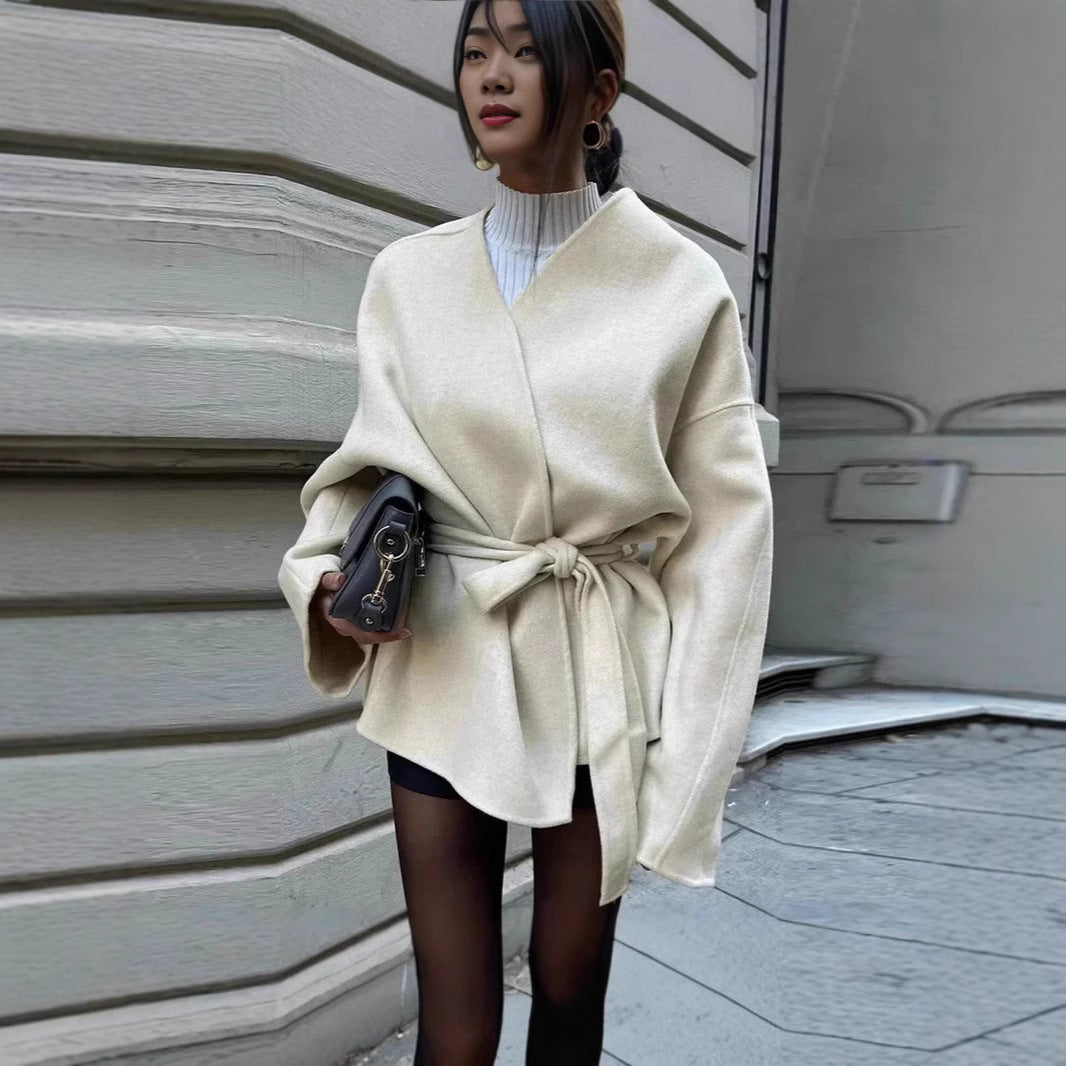 Damen modische Wickeljacke mit Gürtel und weiten Ärmeln EB