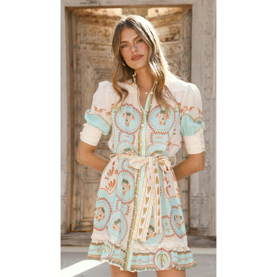 Damen Kurzarmkleid mit dekorativer Knopfleiste und verspieltem Volant EB