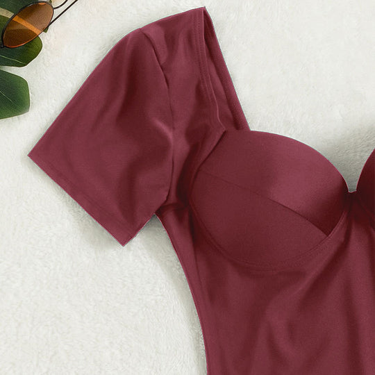 Damen Einteiler Badeanzug mit eleganten Kurzärmel und tiefem V-Ausschnitt EB