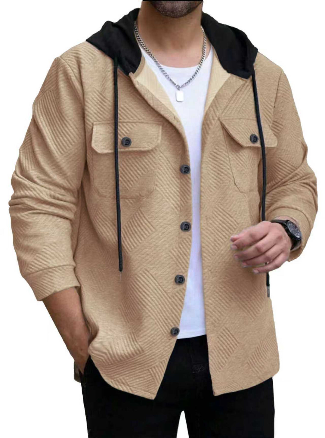Herren nan strukturierte Overshirtjacke mit gesteppter Diagonalstruktur, Kontrastkapuze und aufgesetzten Brustklappen EB