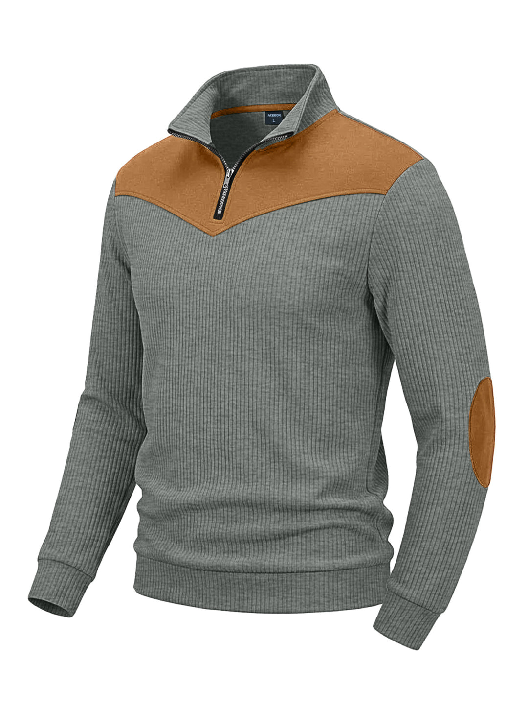 Herren Strickpullover mit Troyerkragen, Rippenstruktur und Ellbogen-Patches EB