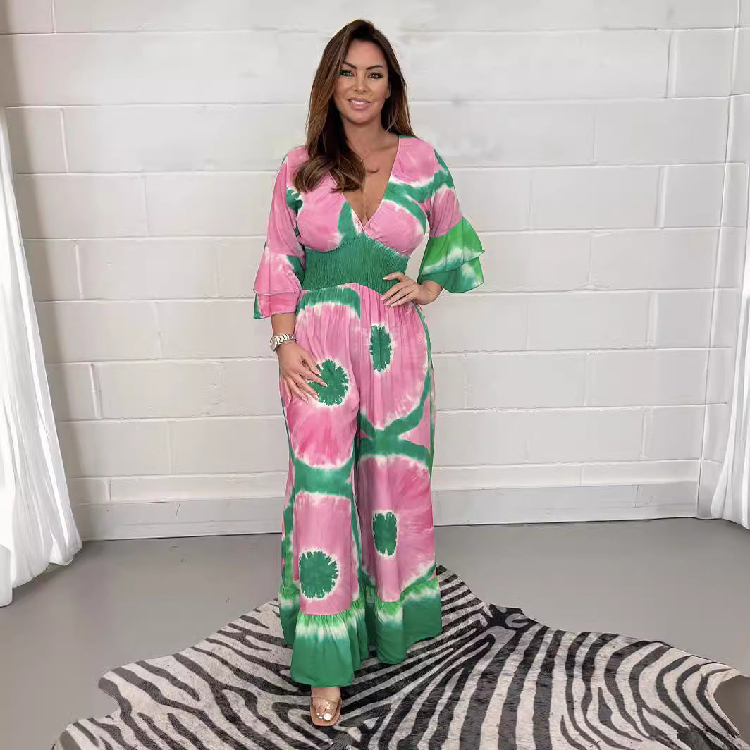 Damen Maxikleid mit asymmetrischen Ärmeln und einzigartigem Batik-Design EB