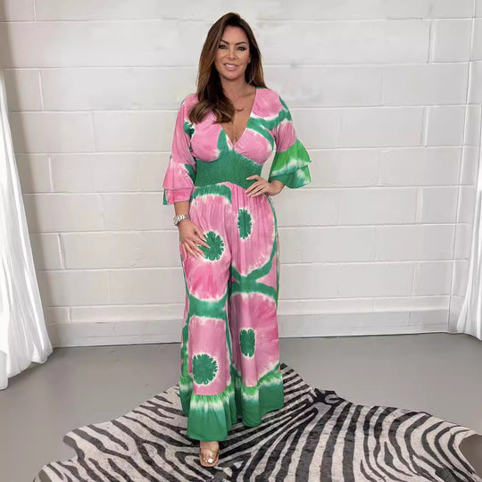 Damen Maxikleid mit asymmetrischen Ärmeln und einzigartigem Batik-Design EB