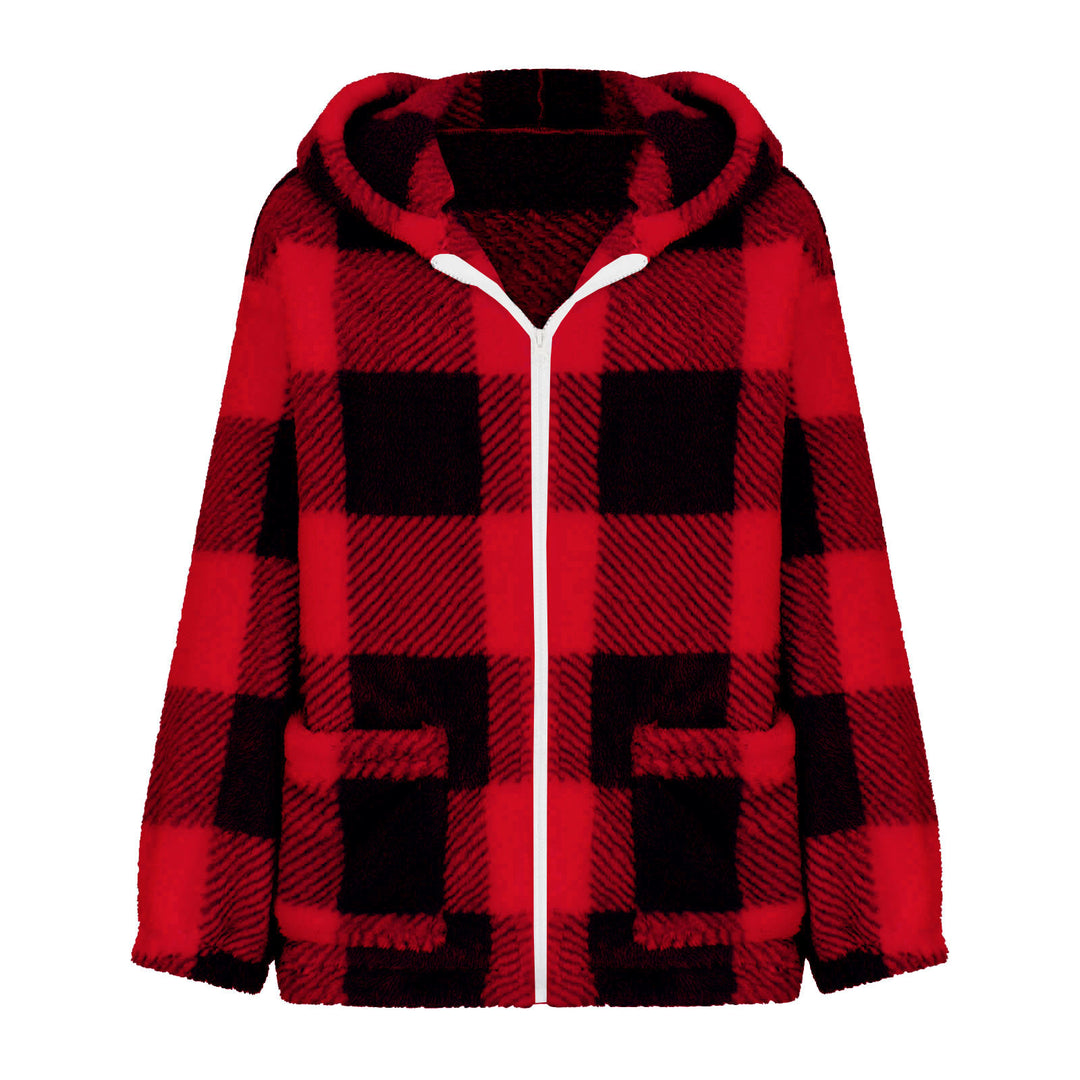 Damen nan dicke Karo-Teddyjacke mit Kapuze, Frontreißverschluss und aufgesetzten Taschen EB