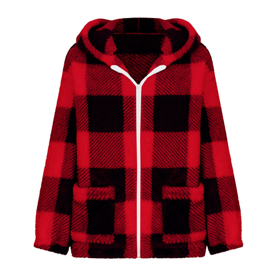 Damen nan dicke Karo-Teddyjacke mit Kapuze, Frontreißverschluss und aufgesetzten Taschen EB