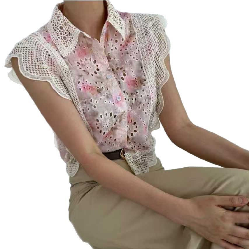 Damen elegante Bluse mit Cut-Out-Ärmeln und schickem Spitzenbesatz EB