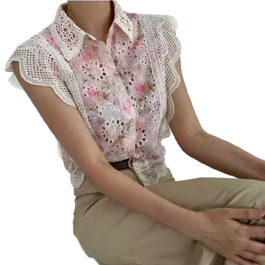 Damen elegante Bluse mit Cut-Out-Ärmeln und schickem Spitzenbesatz EB