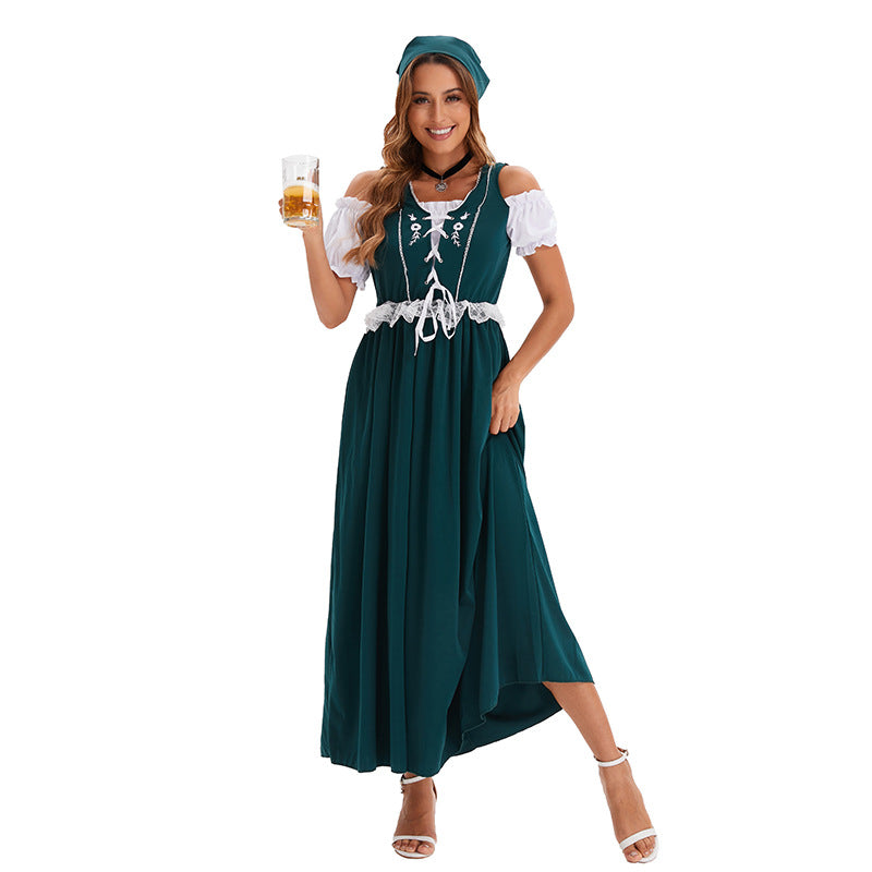 Damen nan kurzes Trachtenkleid im Dirndlstil mit floraler Spitzen-Schürze, geschnürter Miederfront und geraffter Carmenbluse EB