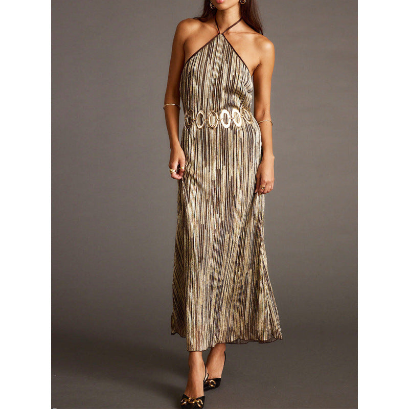 Damen Elegantes Maxikleid mit schimmerndem Streifenmuster und Rückenbindeband EB