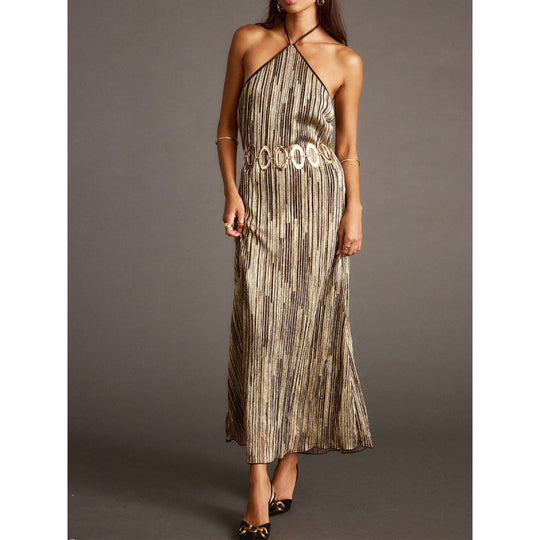 Damen Elegantes Maxikleid mit schimmerndem Streifenmuster und Rückenbindeband EB
